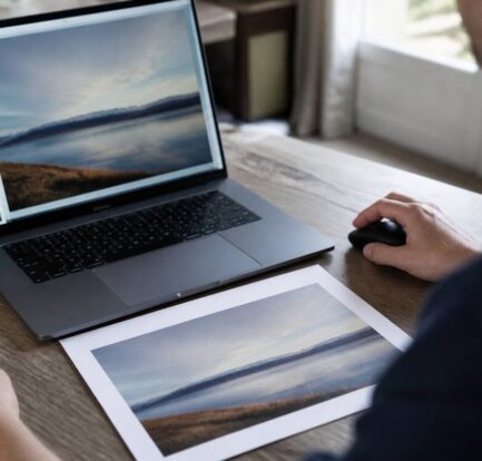 Close-up van het controleren van foto’s op een laptop en een printproef op tafel