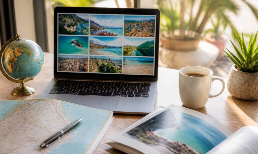 Reizen en vakanties vergelijken: reisplanning met laptop en reisgids op tafel