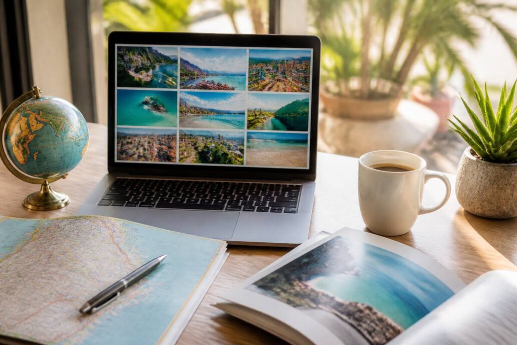 Reizen en vakanties vergelijken: reisplanning met laptop en reisgids op tafel
