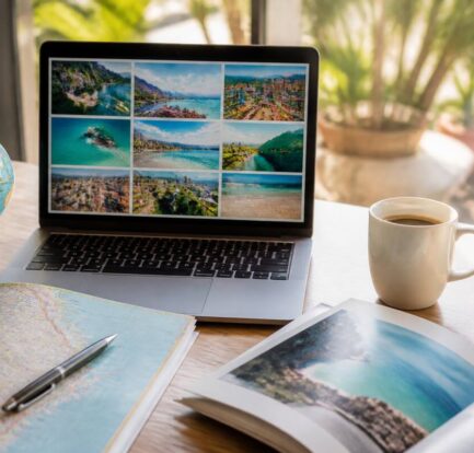 Reizen en vakanties vergelijken: reisplanning met laptop en reisgids op tafel
