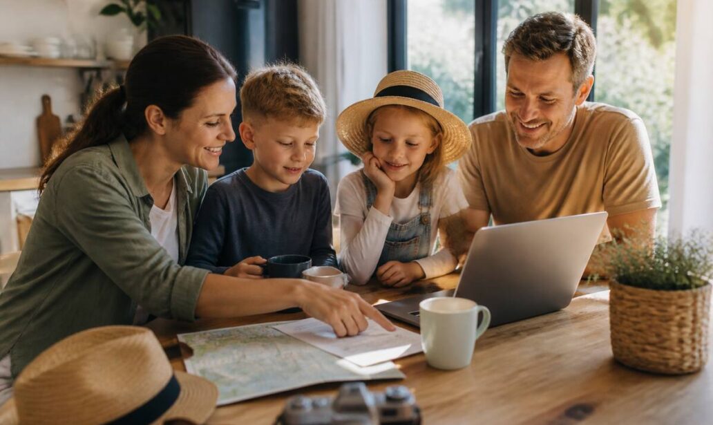 Gezin dat aan de keukentafel vakanties vergelijkt op laptop met checklist