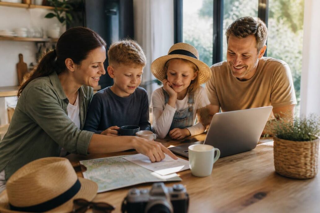 Gezin dat aan de keukentafel vakanties vergelijkt op laptop met checklist