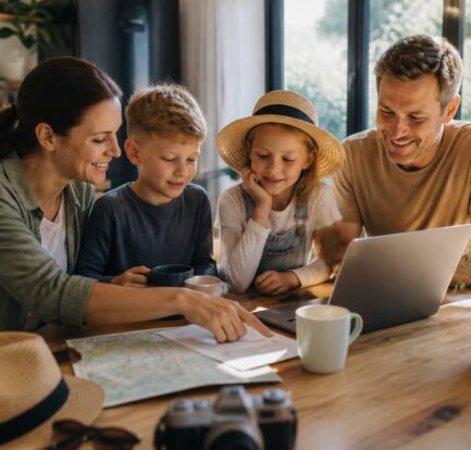 Gezin dat aan de keukentafel vakanties vergelijkt op laptop met checklist
