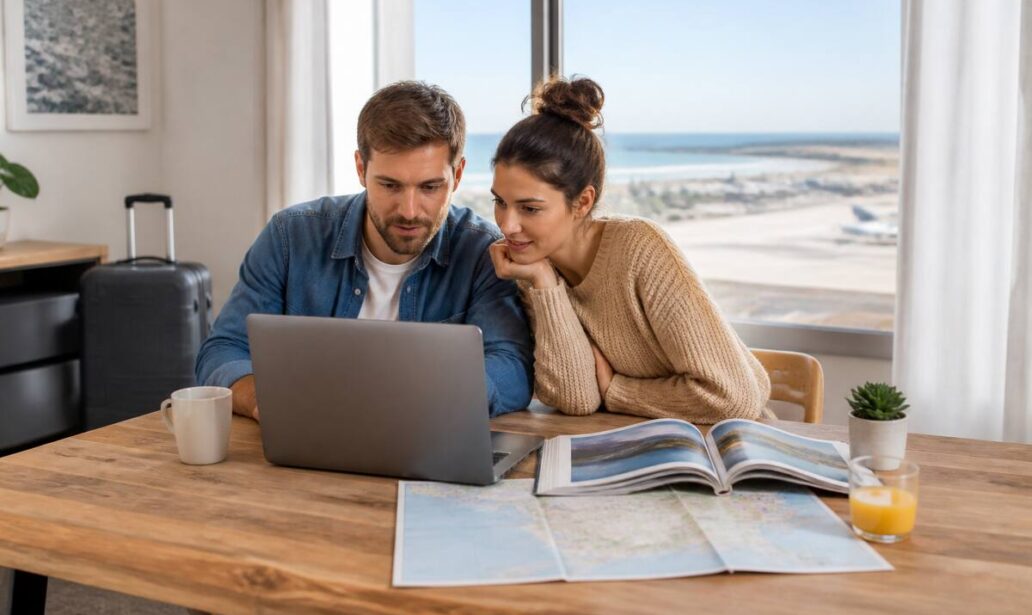 Vakantie plannen: samen reisopties vergelijken op een laptop