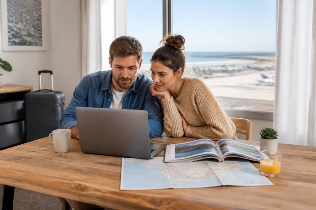Vakantie plannen: samen reisopties vergelijken op een laptop