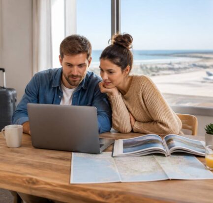 Vakantie plannen: samen reisopties vergelijken op een laptop