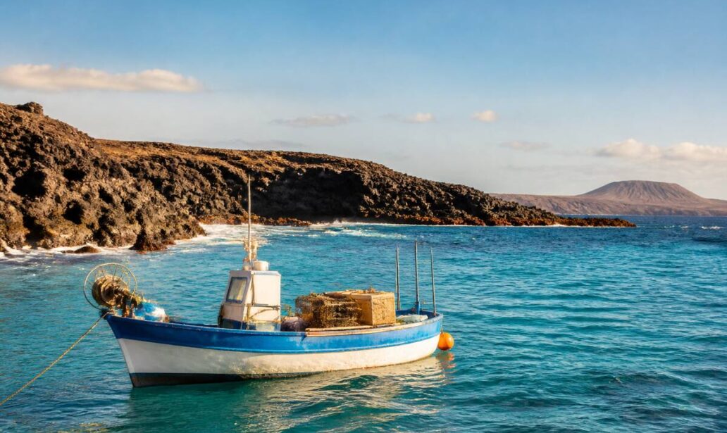 Realistische foto van een visboot aan de kust van Lanzarote met zichtbare visuitrusting op het dek