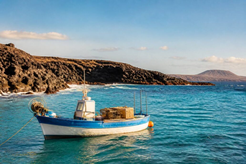 Realistische foto van een visboot aan de kust van Lanzarote met zichtbare visuitrusting op het dek