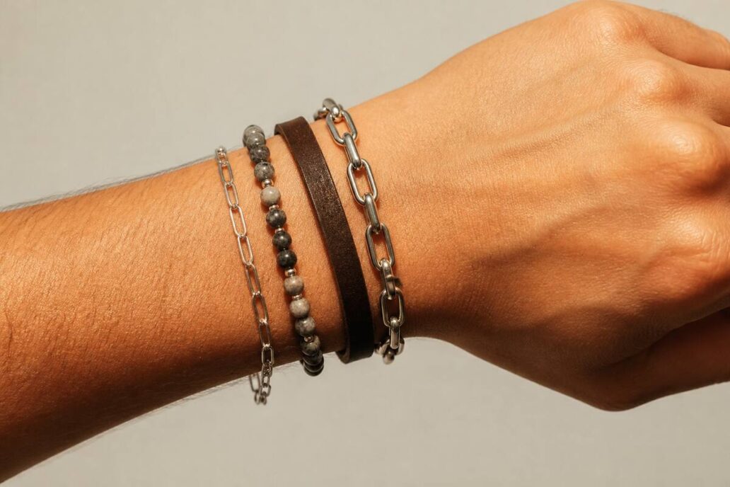 Close-up van armbanden op een pols met verschillende materialen bij warm daglicht