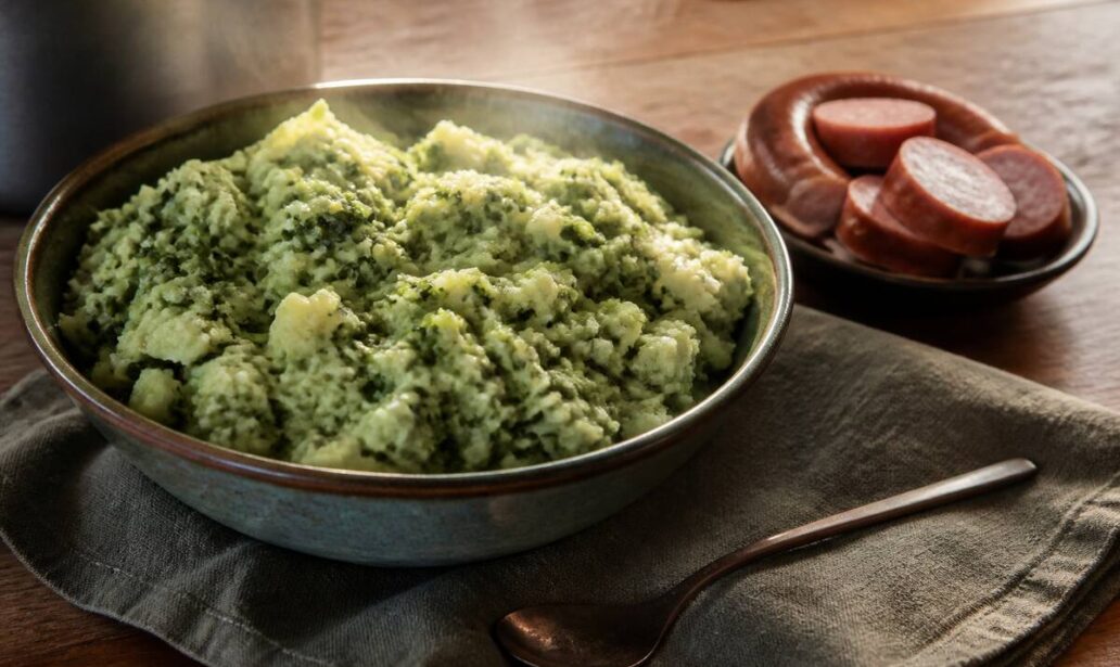 Schaal met dampende stamppot met groente en aardappelpuree