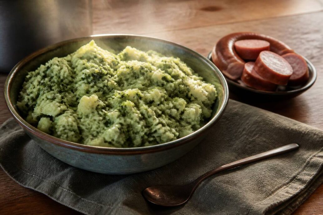 Schaal met dampende stamppot met groente en aardappelpuree