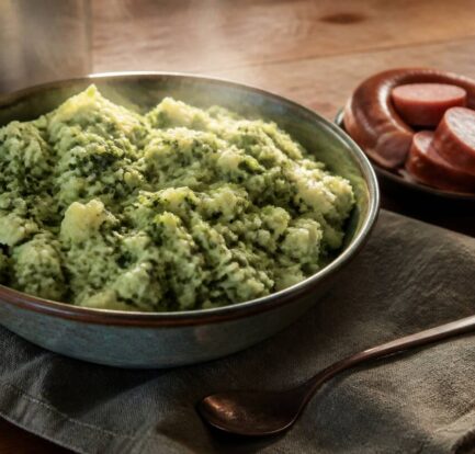 Schaal met dampende stamppot met groente en aardappelpuree